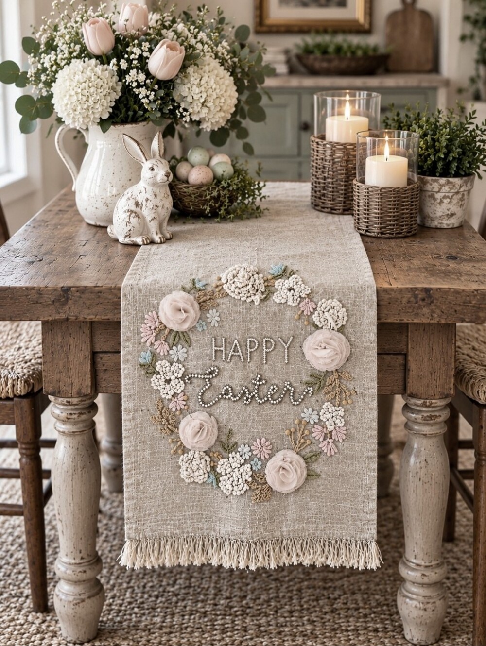 Rachel Ashwell Beaded Embroidered French Knot Easter Table Runner Yarn NWOT